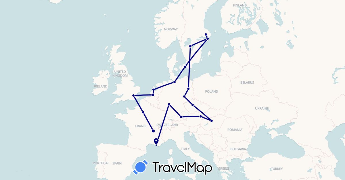 TravelMap itinerary: driving in Austria, Czech Republic, Germany, Denmark, France, United Kingdom, Hungary, Netherlands, Sweden (Europe)